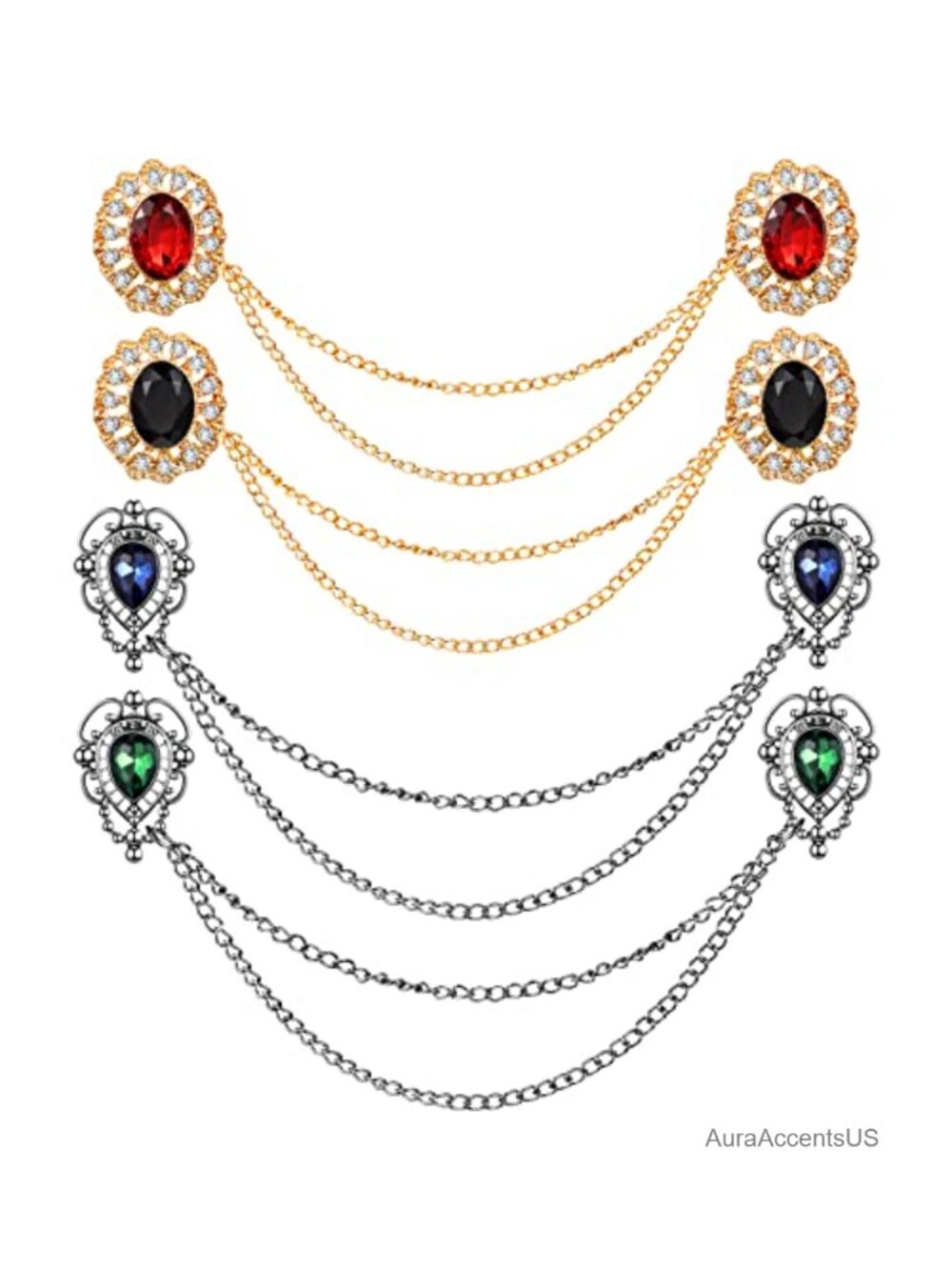 Vintage Rhinestone Chain Brooch Pins, 4 Pcs for Cardigan Shawl Suit Lapel
